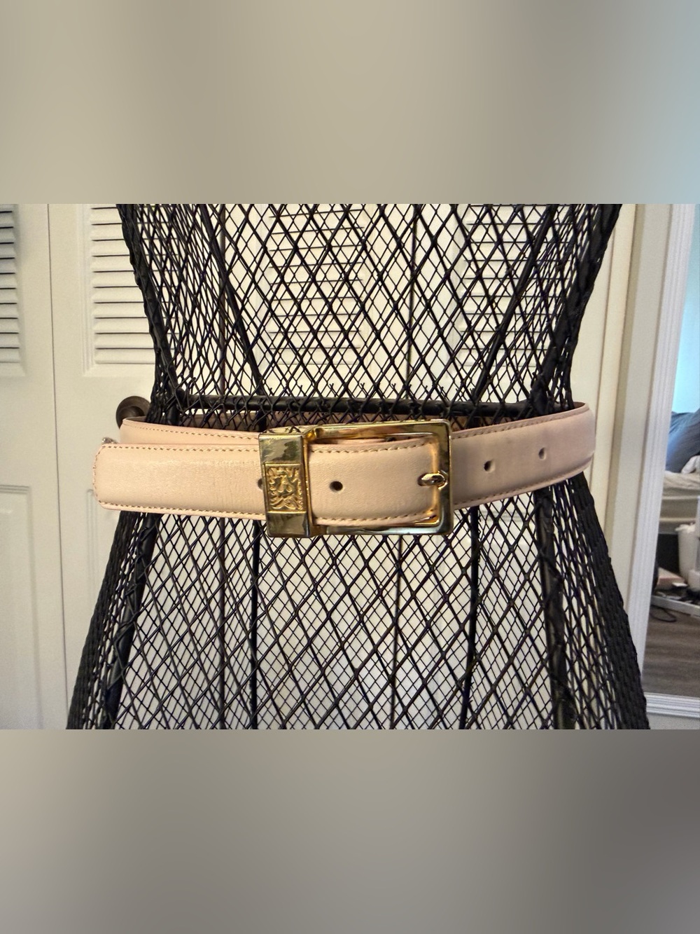 vintage baby pink leather belt with engraved gold belt